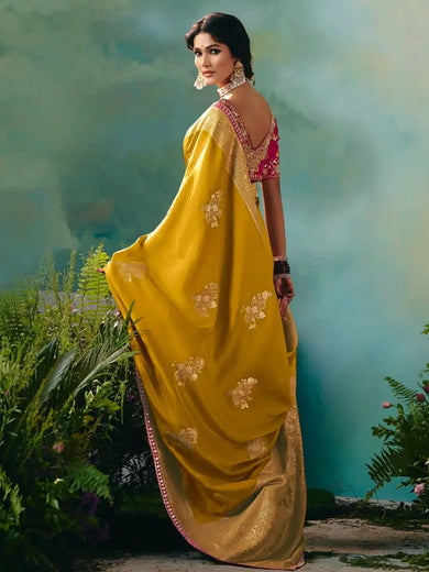 Precious Mustard Yellow Pearl Work Tissue Haldi Wear Saree With Blouse
